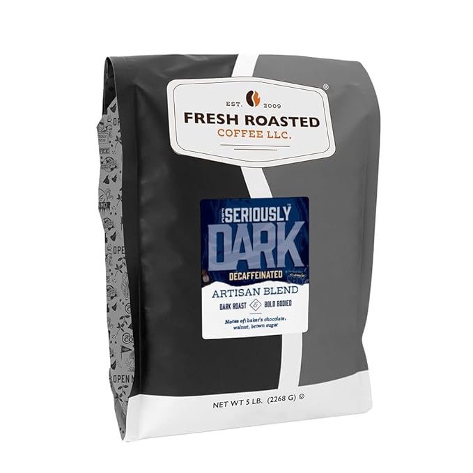 Fresh Roasted Coffee,Seriously Dark Decaf Artisan Blend,5 lb Dark Roast, Kosher, Whole Bean