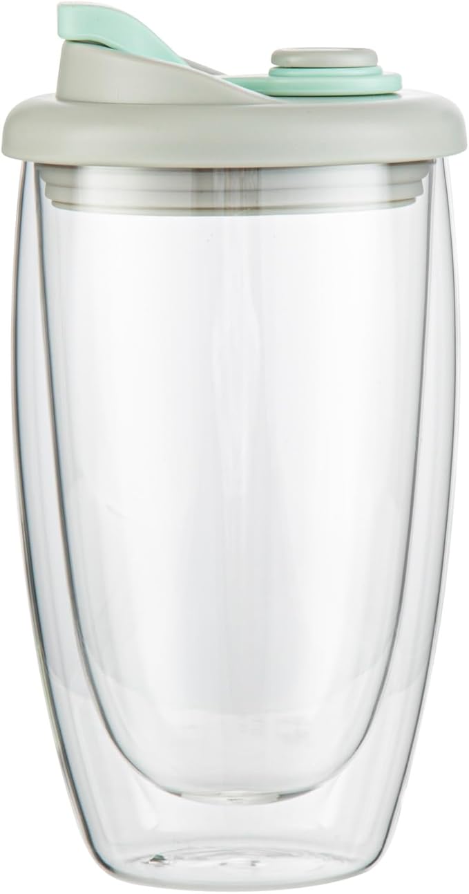 Restaurantware Glass Travel Mug 1 Count 15 Ounce Double Wall Borosilicate Reusable Coffee Cup, Spill-Resistant Gray and Green Silicone Lid, Clear Drinkware Mug for Hot and Cold Beverages