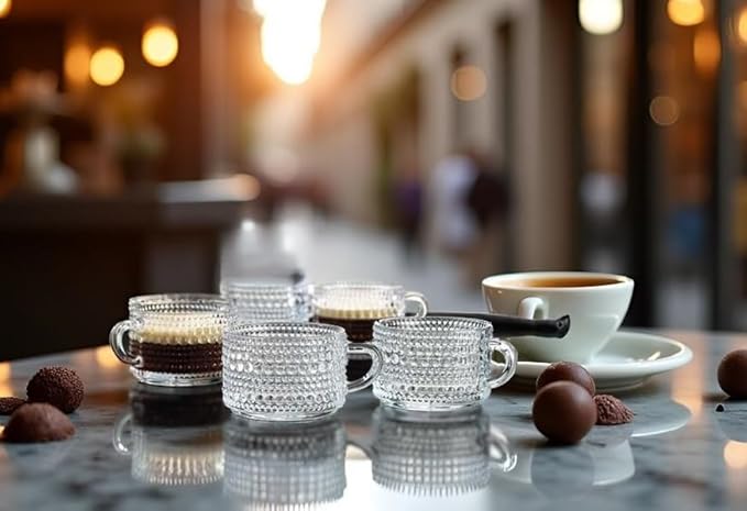 Espresso Cups, Set of 6 Shot Glasses 3 oz Coffee Espresso Mugs, Insulated Clear Thick Glass with Handle - Hobnail Embossed Mini Mugs Demitasse Cup Dishwasher Safe