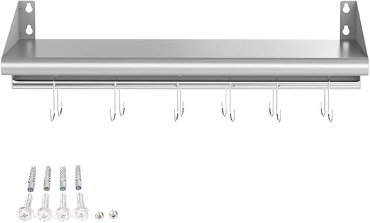 Skyflame 12" x 36" Wall Shelf with 6 Hanging Hooks for Storage, Stainless Steel Commercial Shelving with Side Guards for Bar, Utility Room, Kitchen, Garage
