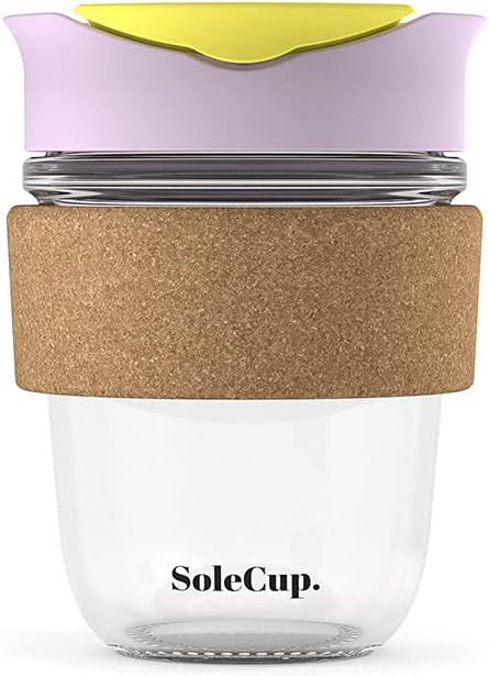 Reusable Strengthened Glass Travel Cup - Spill Proof Insulated Coffee Mug - 12oz/340ml BPA-Free Hot Drink Travel Mug with Lid & Cork Band (Ice Cream, 12oz)