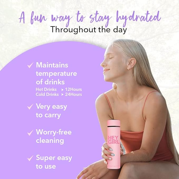 Hey Girl Tea Infuser Bottle 450ml - Insulated Stainless Steel Water Bottle - Tea Tumbler with Tea Diffuser - Portable Travel Mug for Loose Leaf Tea & Infused Water - Tea Lovers Gifts for Women