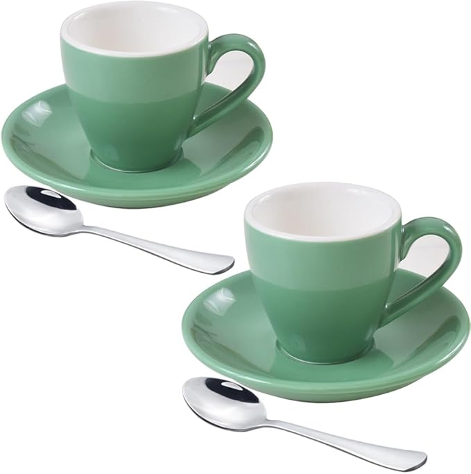 ionEgg Porcelain Espresso Cup with Saucer And Stainless Steel mini Spoons, Espresso shot Cup, 80ml/2.7Oz, Pack of 2, Cyan