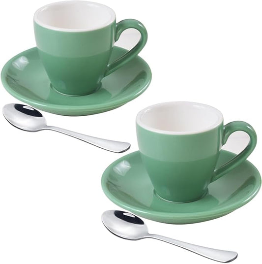 ionEgg Porcelain Espresso Cup with Saucer And Stainless Steel mini Spoons, Espresso shot Cup, 80ml/2.7Oz, Pack of 2, Cyan