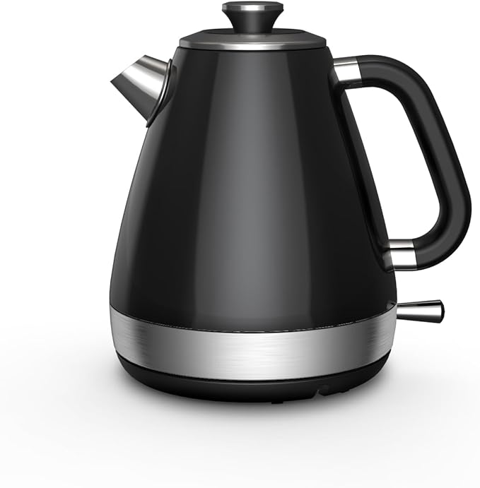 100% Stainless Steel Electric Kettle - No Plastic Contact with Water, 1.7L Retro Water Boiler with 304 Stainless Steel Inner Lid & Spout, 1200W Fast Boiling, BPA Free, Auto Shut-Off, Black