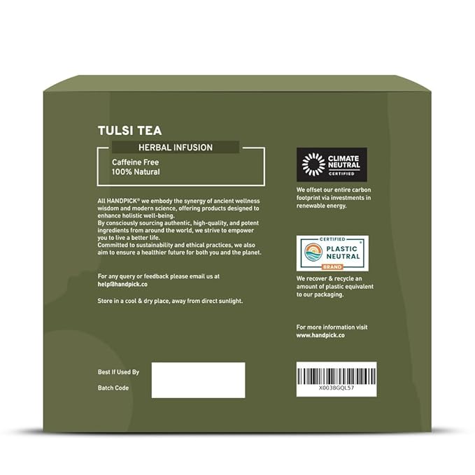 HANDPICK Original Tulsi Tea (100 count) Holy Basil Tea | Non-GMO, Caffeine-Free Herbal Tea | Ecofriendly Round Tea Bags