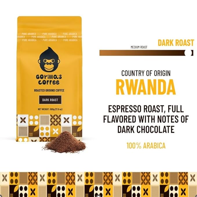 Gorilla's Coffee 100% Arabica - Dark Roast Ground Coffee, Fair Trade, Full Bodied, Bold, with a Touch of Smokiness | Premium Rwandan Coffee | Rich, Flavorful, and Aromatic (500g/17.6 oz)