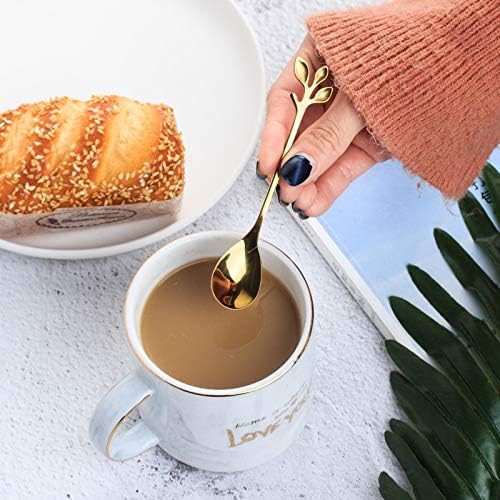 10 Pack Stainless Steel Leaf Coffee Spoon Tableware Dessert Spoons, Stirring, Mixing, Sugar, Stir, Ice Cream, Cake, Teaspoon 4.7 inch Gold