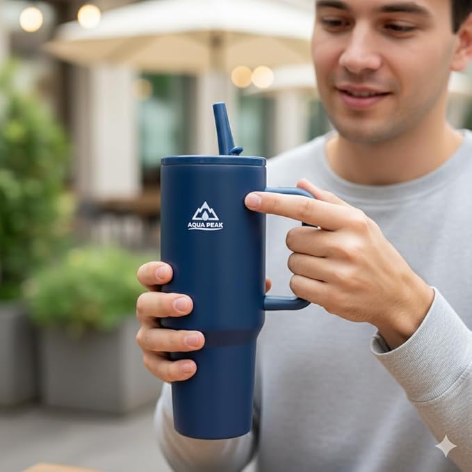 40 oz Insulated Stainless Steel Tumbler with Handle & Lid, Vacuum Travel Mug for Hot & Cold Drinks, Fits Car Cup Holder – Blue