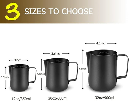 CAMKYDE Stainless Steel Milk Frothing Pitcher 12 oz, Espresso Steaming Pitcher with Decorating Pen for Espresso Machines, Cappuccino, Latte Art (Matte Black)