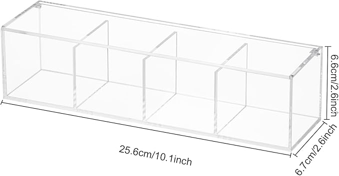 Yeeco Clear Acrylic Capsule Holder with Lid, 4 Section Rectangle Drawer crylic Organizer with Lid 10”×2.6”×2.6” 4 Compartments Desk Cube Containers for Jewelry，Candy，Coffee，Make Up Accessories