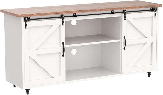 4ever2buy Farmhouse Coffee Bar Cabinet with Storage, 58'' Sideboard Buffet Cabinet with Sliding Barn Door, White Coffee Bar with Gourd Feet, Farmhouse Cabinet for Living Room