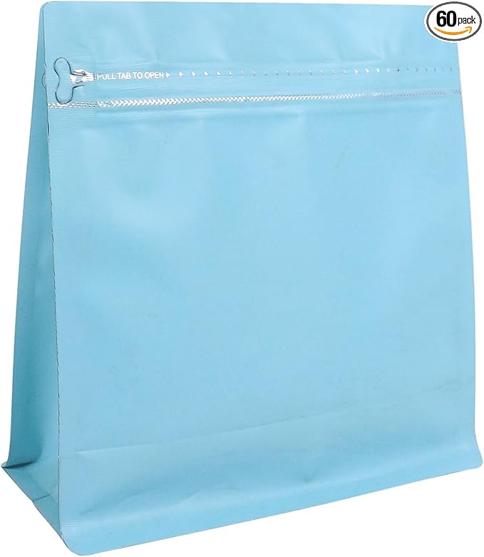 60 Pack High Barrier Stand-Up Coffee Bean Bags with Vented Valve Matte Metallic Heat-Sealable & Resealable Solid Color Pouches (Square,7.7 * 8 inch,1 lb,Daphne Blue)