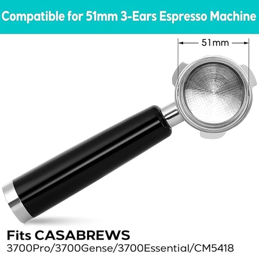 CASABREWS 51mm Stainless Steel Portafilter Set, 3 Ears Espresso Filter Holder with Double Spouts & 51mm Filter Baskets, Compatible for CASABREWS 3700 Essential and CM5418 Coffee Machine