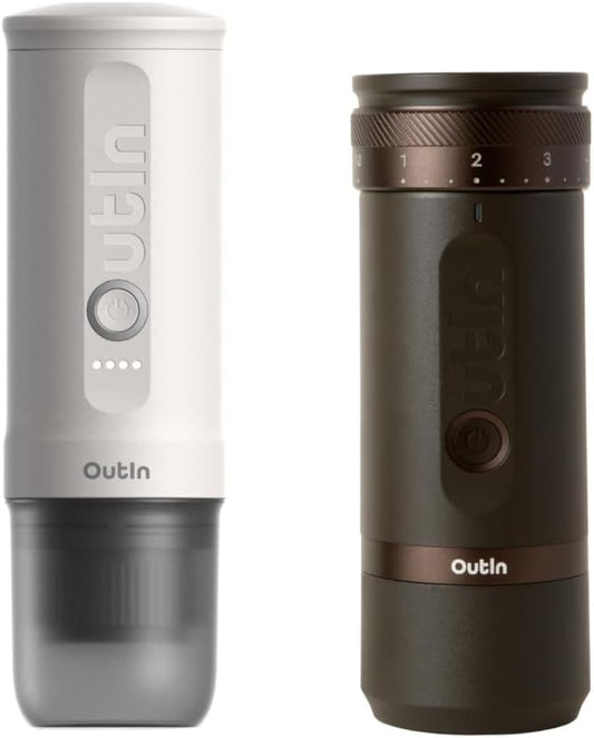 OutIn Nano Portable Electric Espresso Machine with Fino Portable Electric Coffee Grinder, Brown & White