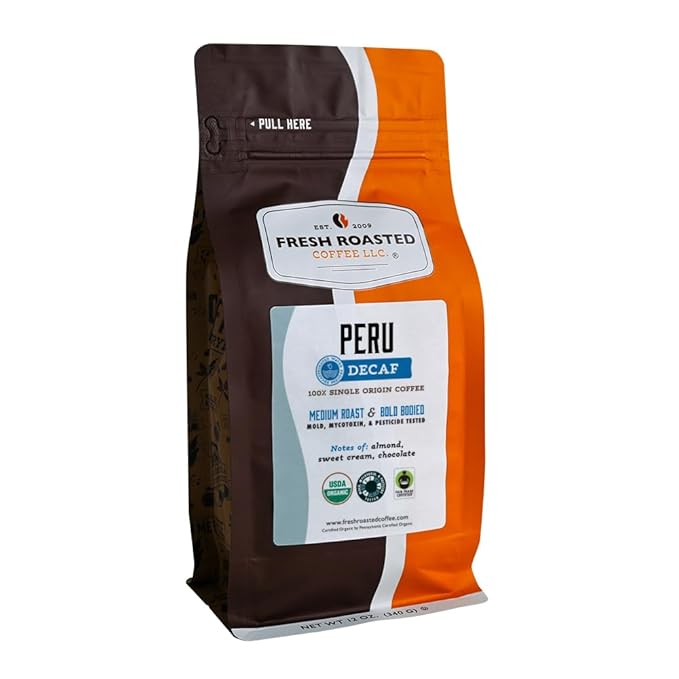 Fresh Roasted Coffee, USDA Organic Peru Water-Processed Decaf | 3rd Party Tested for Pesticides, Mold, Mycotoxins, Kosher | 100% Arabica, Specialty Grade, Med Roast 12 oz Whole Bean