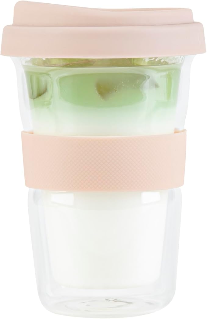 Restaurantware Glass Travel Mug 1 Count 14 Ounce Double Wall Borosilicate Reusable Coffee Cup, Spill-Resistant Tan Silicone Lid, Clear Drinkware Mug for Hot and Cold Beverages