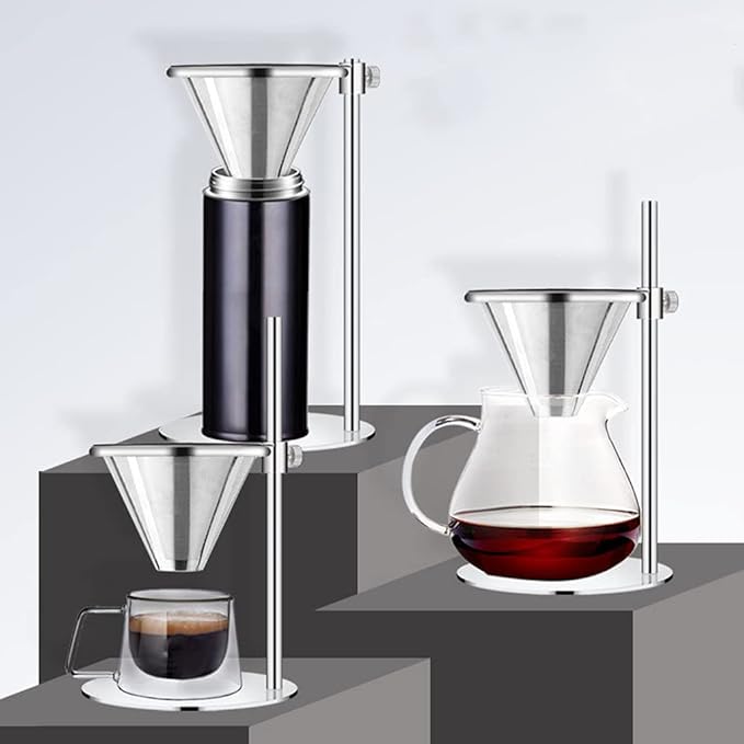 Adjustable Stainless Steel Pour Over Coffee Maker Station Stand With Reusable Double Filter Freestanding Drip Cone Brewer Directly Into Mug Cup Adjustable Stainless Steel Coffee Brewer