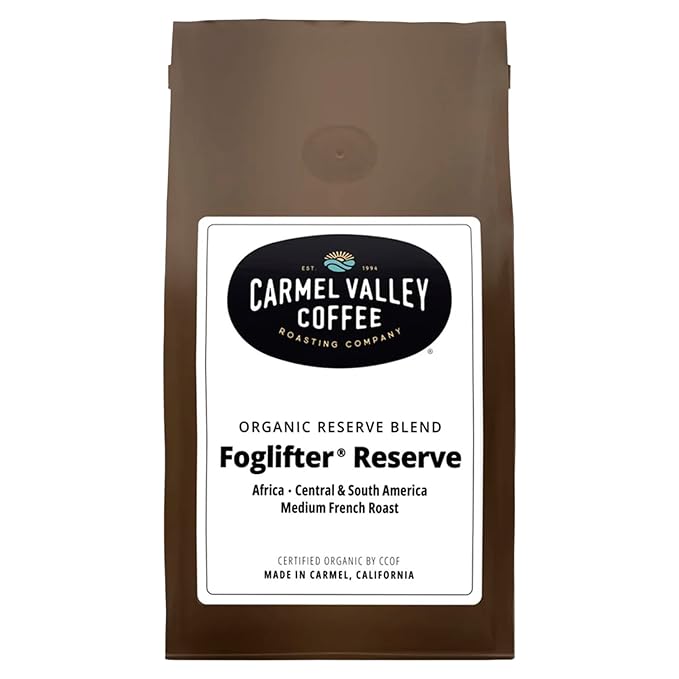 Carmel Valley Coffee Roasting Foglifter® Reserve – Whole Bean Organic Dark Roast Coffee, Connoisseur's Premium Blend, Citrus Zest & Toffee Notes, 12 Ounce Bag (Pack of 1)