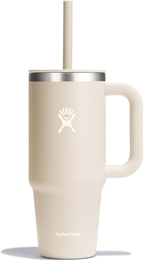 Hydro Flask Travel Tumbler with Handle, Lid and Straw - Insulated Stainless Steel in 24 Oz Oat