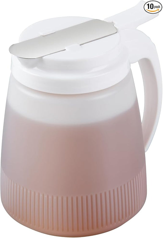Restaurantware-Chef 101 32 Ounce All Purpose Syrup Dispensers, 10 Honey Dispensers - White Top, Stainless Steel Slide Cover, Plastic Pancake Syrup Bottle, Perfect For Diners, Restaurants, Home