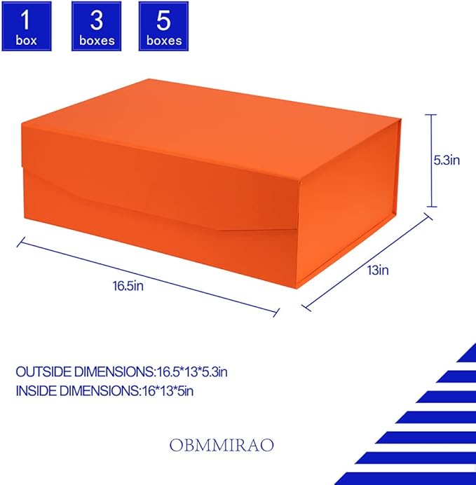 Upgrade 3Pcs Orange Extra Large Gift Boxes with Lid, 16.5 x13 x5 Inches, Hard Magnetic Gift Boxes for Presents, Wedding Dress Box Storage, Reusable Foldable Bridesmaid Box