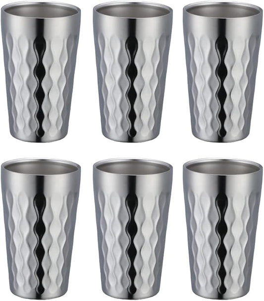 QRU Stainless Steel Cup Set of 6, Double Wall Textured Stainless Steel Mug, 10oz Ideal for Office, Car, Party (6, Silver)