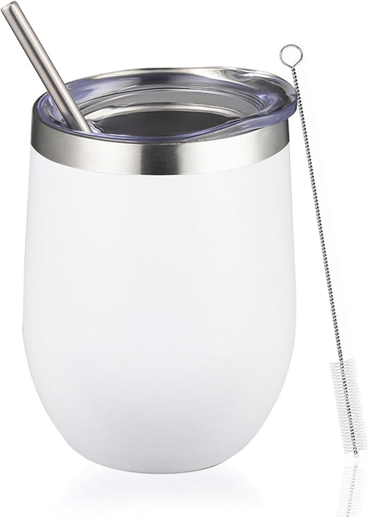 12oz Wine Tumbler with lid, Stainless Steel Travel Mugs Stemless Double Wall Insulated Coffee Cup, Insulated Wine Glasses Travel Tumbler for Cold & Hot Drinks(White, 1)