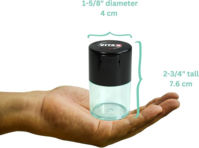 Vitavac - 5g to 20 grams Vacuum Sealed Container - Black Cap & Clear Body