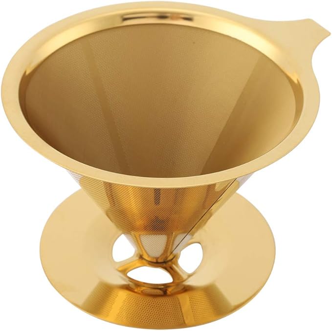 Pwshymi Stainless Steel Coffee Dripper, Gold Pour Over Coffee Filter with Double Mesh and Silicone Base, for Home Office Travel Camping