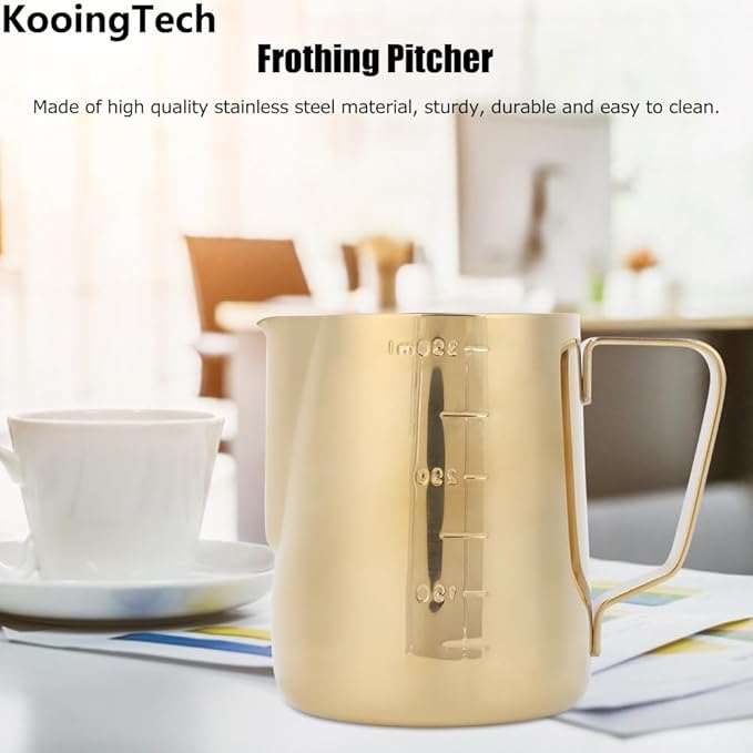 Milk Frothing Cup Stainless Steel, 350ML Milk Frothing Cup Small, Milk Frothing Pitcher Gold with Scale, Home Office Coffee Frother Cups for Gold Coffee Bar Accessories (350ML (with scale))