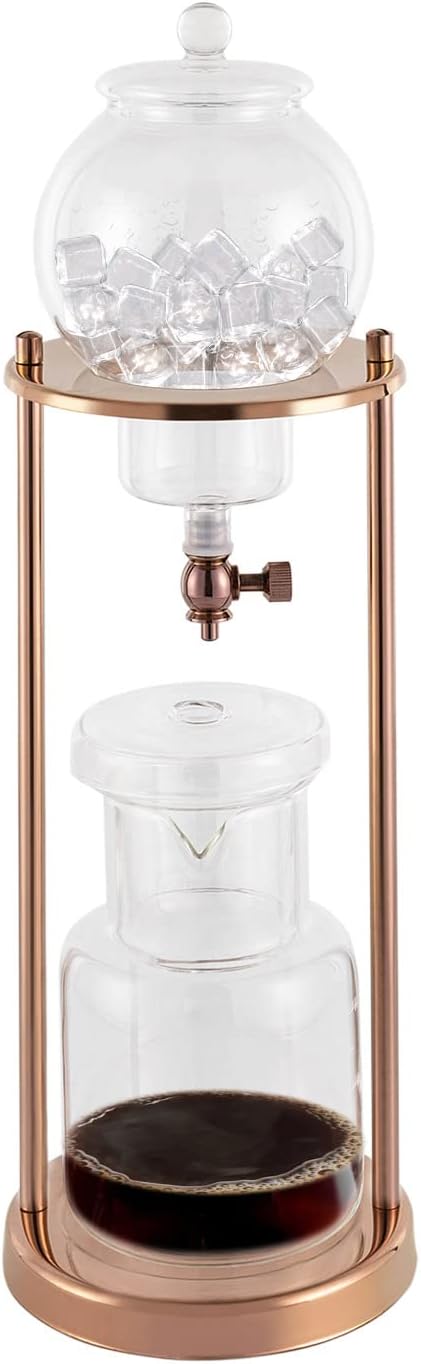 Iced Coffee Cold Brew Drip Tower Coffee Maker, Wooden Ice Coffee Machine, Stainless Steel and Borosilicate Glass, Long Neck Sharing Pot, with Measuring Spoon (Gold)