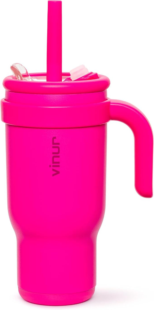 VINUR Kids Tumbler with Handle-17 oz Stainless Steel Double Wall Vacuum Insulated Tumbler Travel Water Cup with Lid and Straw (Rose Pink)