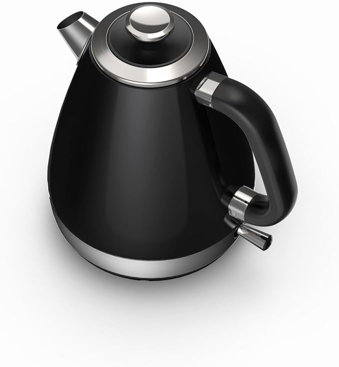 100% Stainless Steel Electric Kettle - No Plastic Contact with Water, 1.7L Retro Water Boiler with 304 Stainless Steel Inner Lid & Spout, 1200W Fast Boiling, BPA Free, Auto Shut-Off, Black