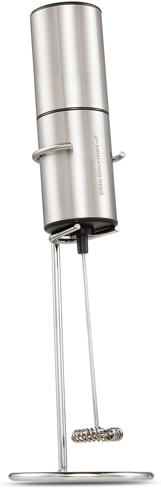 Elite Gourmet EMF9SS Cordless, Battery Operated, Milk Frother, Power Button, Food Grade Stainless Steel Whisk, Vertical Stand, Lattes, Cappuccinos, Matcha, Hot Chocolate, Iced Coffee, Stainless Steel