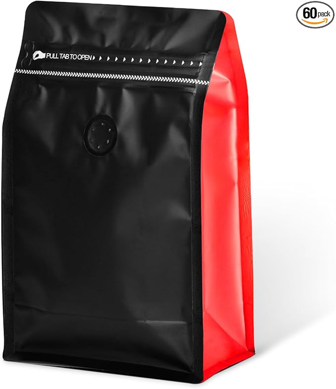 Coffee Bags with Valve(60pcs,8oz,0.5lb) Vented Coffee Beans Packaging Bags High Barrier Aluminumed Foil Flat Bottom Heat Sealed Side Zipper Resealable Storage Bag for Home or Business（Black+Red）