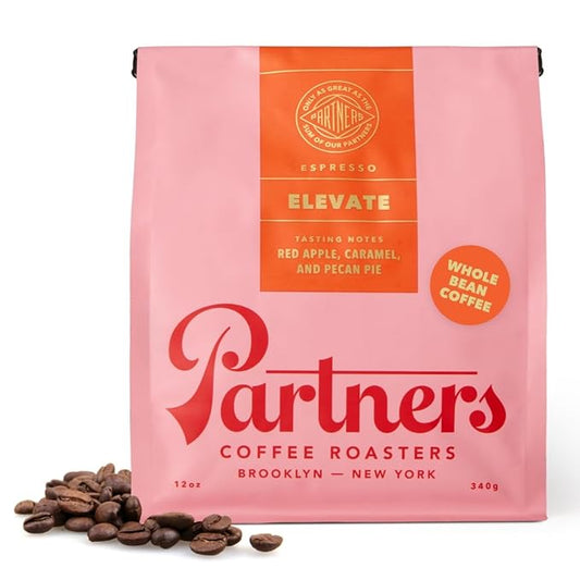 PARTNERS COFFEE ROASTERS - Whole Bean Coffee (Elevate - Espresso, Medium Roast) 12oz - Well-Balanced, Comfortable Espresso - Red Apple, Caramel, Pecan Pie - Coffee Beans - Roasted in New York City