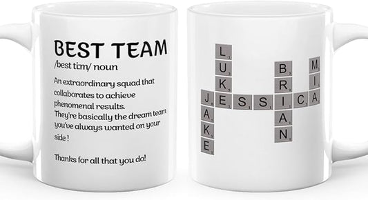 Joymade Personalized Ceramic Coffee Mug, Funny Custom Mug for Bestie, Friends, Couple, Coworker, Snowman Lovers (Best Team Coworker Scrabble)