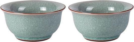 KAMMAK Tea Cup Set of 2 Porcelain Small Tea Cups 2oz Japanese Tea Cup, Asian Handmade Ceramic Teacups for Home, Party, Office, Chinese Kung Fu Tea Set for Hot/Cold Drink (Bell-Ice Crackle Glaze)