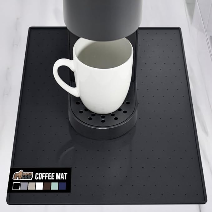 GORILLA GRIP Silicone Coffee Mat, Espresso Machine Bar Accessories, Keep Kitchen Counters Clean, Stays in Place, Waterproof and Heat Resistant Dish Drying Mats, Home Decor Essentials, 10x14, Black