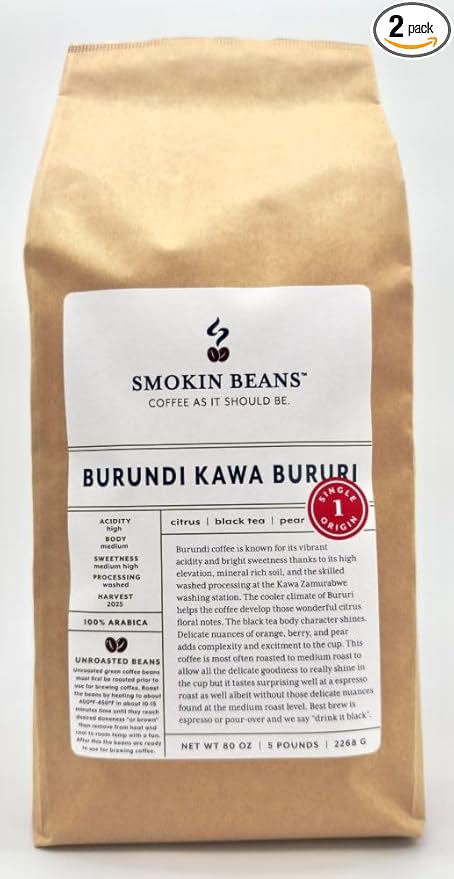 5-Pound Burundi Unroasted Green Arabica Coffee Beans, Fresh Current Crop Specialty Grade, Roast the Beans Yourself at Home on Your Roasting Equipment Prior to Using for Brewing Coffee