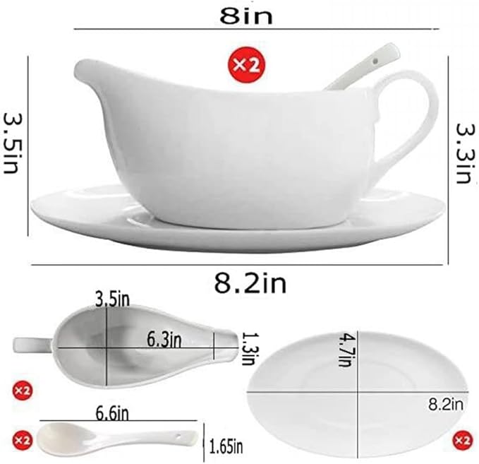 Qlans Gravy Boat With Ladle and Saucer 17 Oz,Ceramic Sauce Boat with Tray for Salad Dressings Milk,Warming Sauces,Creamer,Broth,Black Pepper,White (2 PCS New Gravy Boat With Ladle and Saucer)