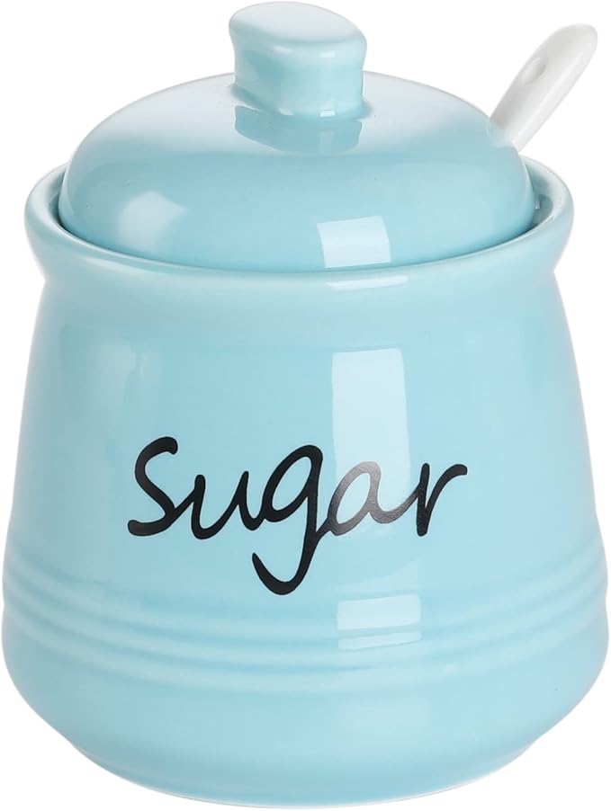 ONTUBE Ceramic Sugar Bowl with Lid and Spoon 12oz (Turquoise Blue)