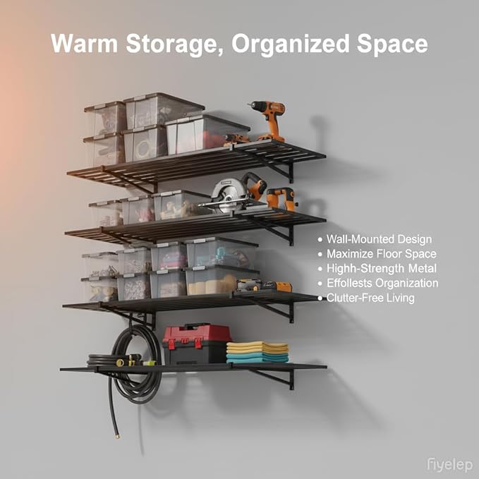 2-Pack 2x4ft Garage Shelving Wall Mounted, 24x43 inch Wall Shelf Heavy Duty Garage Storage Shelves Floating Shelves with Hooks, 500LB Capacity