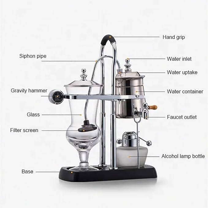 Siphon Coffee Maker, 3-5 Cups Detachable Siphon Coffee Brewer, 304 Stainless Steel Mesh and High Borosilicate Heat-Resistant Glass, Double Ridged Fulcrum with Tee Handle for Coffee, Tea