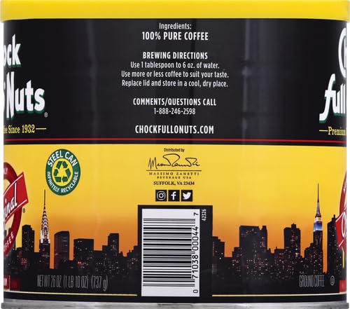 Chock Full o’Nuts Original Roast Ground Coffee, Medium Roast – Coffee Beans – Smooth, Full-Bodied Medium Blend with A Rich Flavor (26 Oz. Can) (Pack of 2)