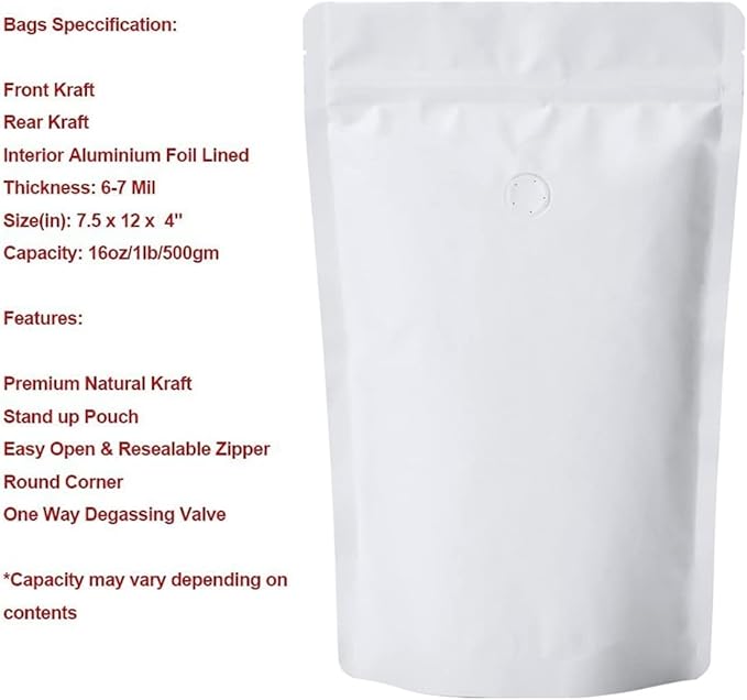 16 Ounce 50 Pieces White Kraft Coffee Bags with Ziplock - High Barrier Natural Kraft Paper Stand up Coffee Pouches with One Way Degassing Valve & Zipper (50, 16oz/1lb/500gram)