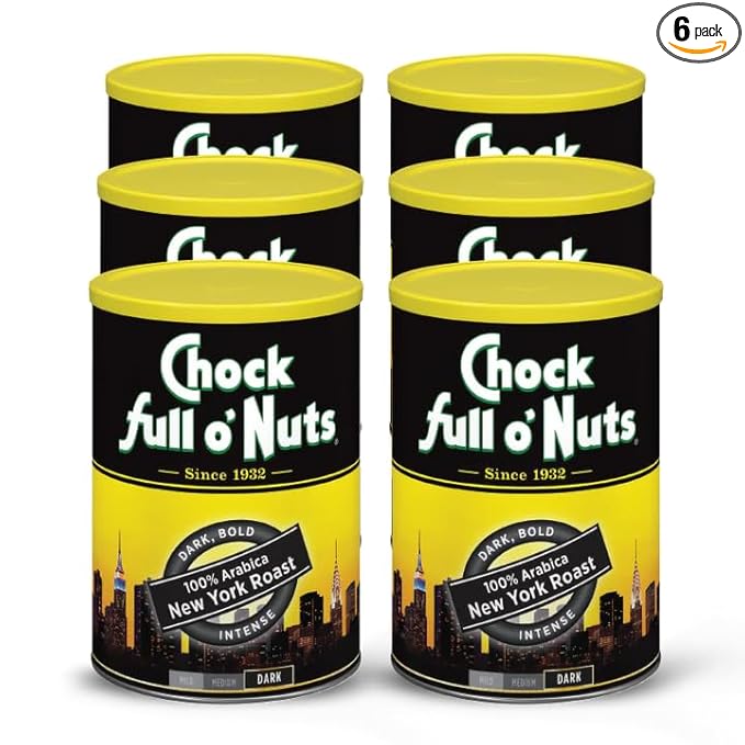 Chock Full o' Nuts New York Roast Ground Coffee – Premium Beans in Recyclable Steel Can – Rich Flavor & Aroma, Dark Roast – Perfect for Drip, Pour-Over, Percolator – 10.5 Oz Can, Pack of 6