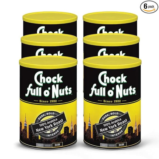 Chock Full o' Nuts New York Roast Ground Coffee – Premium Beans in Recyclable Steel Can – Rich Flavor & Aroma, Dark Roast – Perfect for Drip, Pour-Over, Percolator – 10.5 Oz Can, Pack of 6