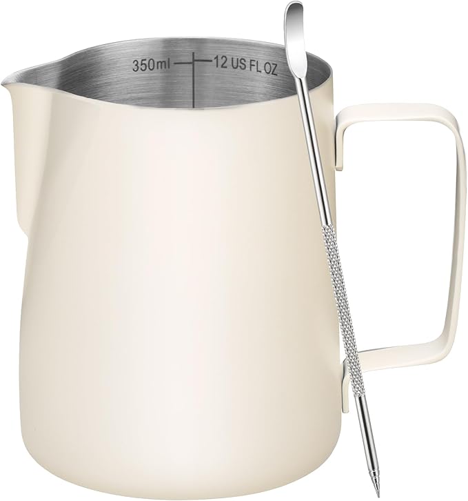 Milk Frothing Pitcher, 12oz Milk Frother Cup with Clear Scale, 304 Stainless Steel Cappuccino Espresso Machine Accessories for Barista Coffee Bar with Latte Art Pen, White